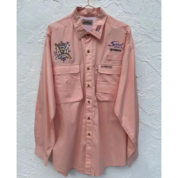 Hook and Tackle Mens Long Sleeve Button Up Fish Embroidered Vented Shirts Pink L - Picture 1 of 14